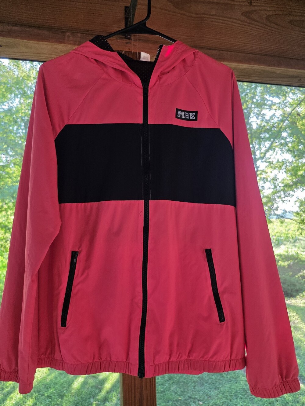 PINK Victoria's Secret Hot Pink and Black Hooded Bomber Jacket